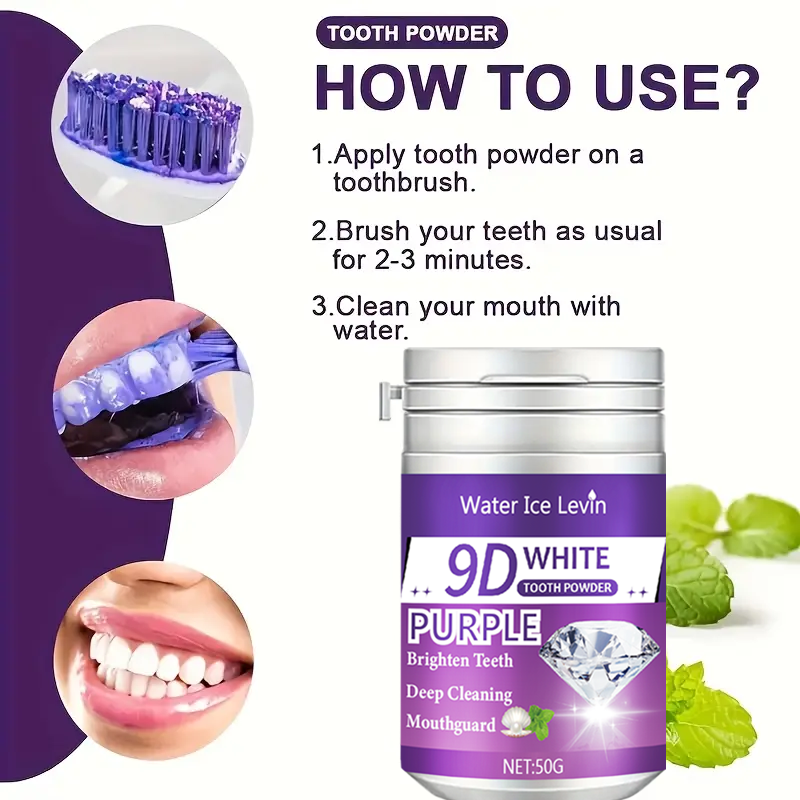 9D White Purple Toothpowder. B - Teeth Whitening App recensie en prijs